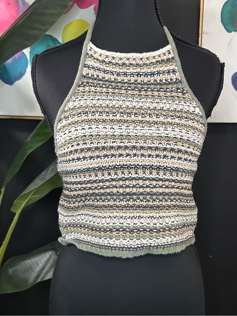American Eagle Outfitters Striped Knit Halter Crop Top - Olive/Black/White